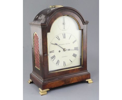 Richard Booth, London. A George III mahogany bracket clock, with arched cased, later enamelled dial and twin fusee movement w