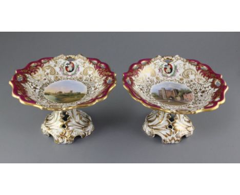 A rare pair of George Grainger & Co. Worcester topographical dessert comports, c.1846, each piece finely painted in enamel co