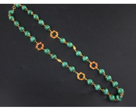 A 14ct gold, enamel and malachite bead necklace, with four red enamelled spacers, 55cm.