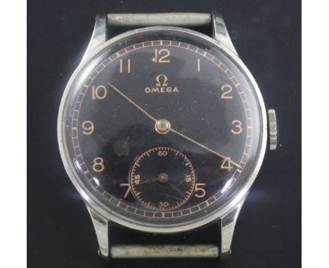 A gentleman's early 1940's stainless steel Omega manual wind wrist watch, with black Arabic dial, movement c. 26.5T3, no stra