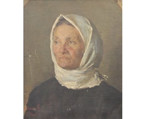 Russian School c.1890 oil on canvas Portrait of a mother in a white shawl indistinctly signed 17 x 14.5in.