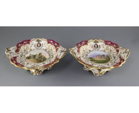 A rare pair of George Grainger & Co. Worcester topographical low footed dessert dishes, c.1846, each piece finely painted in 