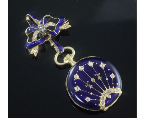 An early 20th century Swiss 18kt gold, blue enamel and rose cut diamond set dress fob watch, with Roman dial and an unmarked 