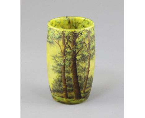 A Daum enamelled cameo glass 'summer landscape' vase, c.1900, of elongated barrel form, acid etched in relief and painted in 