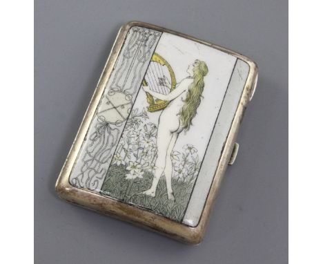 A late 19th/early 20th century Austro-Hungarian 900 standard silver and enamel cigarette case, decorated with a nude lade pla