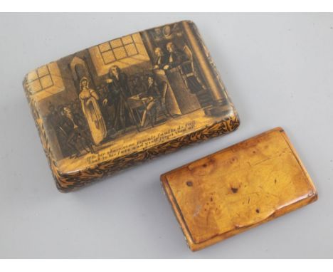 A Victorian mauchlineware snuff box, decorated with a woman in court, 3.25in., and a burr wood snuff box, 2.25in.