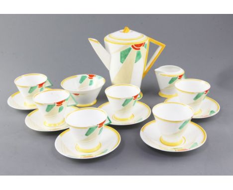A Shelley Sunray pattern vogue shape sixteen piece coffee set, decorated in the red, green, beige and yellow enamel variant, 