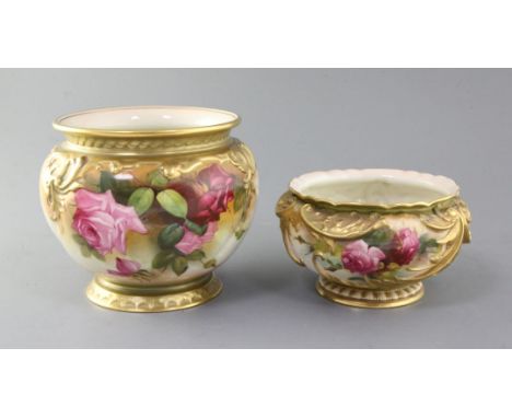 Two Royal Worcester pink rose painted bowls, date code for 1919, the larger signed W.H. Austin, gilt borders, puce printed ma