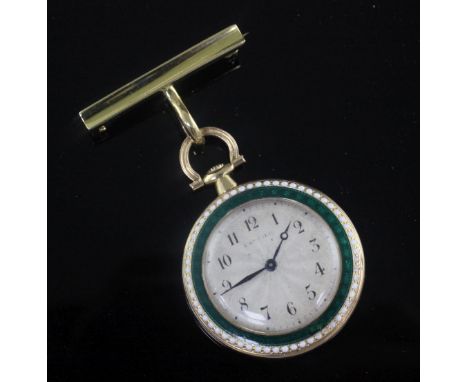 A French 18ct gold, diamond and two colour enamel dress fob watch, the sunburst dial signed Cartier, with Arabic dial, on an 