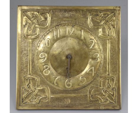 Margaret Gilmour (1860-1942). A Scottish Arts & Crafts brass 'wag at the wa' wall clock, embossed with celtic knot motifs and