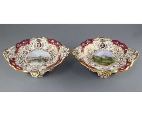 A rare pair of George Grainger & Co. Worcester topographical low footed dessert dishes, c.1846, each piece finely painted in 