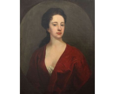 18th Century English School oil on canvas Portrait of a lady wearing a red dress 30 x 25in.