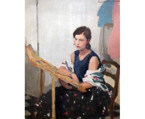 Lucien-Victor Guirand de Scévola (1871-1950) oil on canvas Spanish woman seated at a tapestry loom signed 18 x 15in.