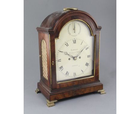 Lawson, Bishopsgate Within, London. A George III mahogany bracket clock, with arched case, later enamelled dial and twin fuse