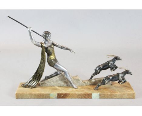 J. Dauvergne. A French Art Deco bronzed spelter group of a spear woman hunting antelopes, signed, on three colour marble plin