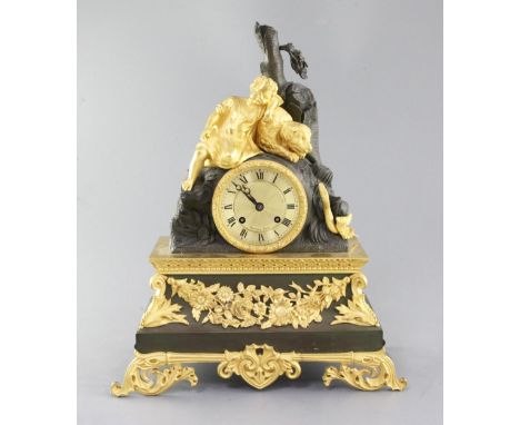 Barrand of Paris. A 19th century French bronze and ormolu mantel clock, surmounted with a sleeping child, hound and serpent, 