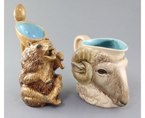 Two French majolica animal shaped jugs, late 19th century, the first by Sarreguemines modelled as ram's head, impressed mark 