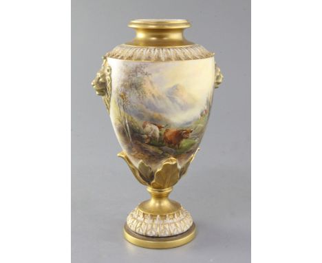 A Royal Worcester vase, painted with Highland cattle by John Stinton, date code 1922, puce printed mark and shape no. 2305, h