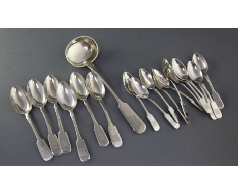 A part canteen of late 19th century Russian 84 zolotnik fiddle pattern flatware, with engraved monogram, comprising twelve de