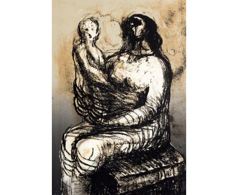 § Henry Moore (1898-1986) lithograph Mother with child on lap, 1985 Gold Mark label verso 16 x 12in.
