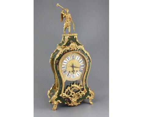 A French ormolu mounted Vernis Martin style bracket clock, with floral painted case and enamelled tablet numeral dial, H & F 