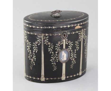 A George III silver inset papier mache tea caddy, centred with a Jasper style plaque of a lady representing Hope, old labels 