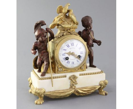 A 19th century French bronze and ormolu mounted white marble mantel clock, signed Fostain, Galerié de la Madelain, H & P coun