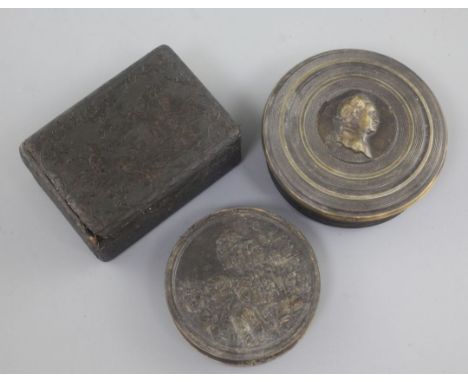 Two 19th century French pressed horn snuff boxes, one decorated with musicians, 3in., the other Vespa, 3.75in. and a pressed 