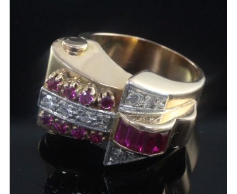 A 1940/50's gold, diamond and synthetic ruby cocktail ring, set with baguette and round cut stones, size O.