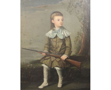 19th century French School oil on canvas Portrait of a boy holding a rifle, seated in a landscape 36 x 29in.