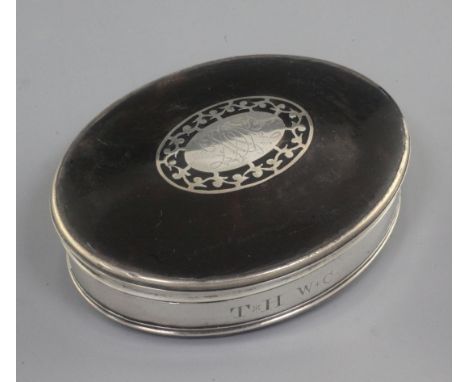 A late 18th / early 19th century white metal tortoiseshell and silver piqué snuff box, initialled THWC, 4in.