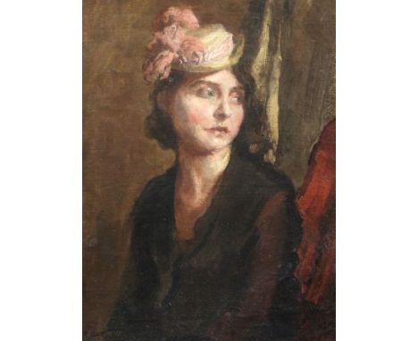 § Sir Robin Guthrie (1902-1971) oil on canvas Portrait of a lady wearing a ribboned hat signed 17 x 13in.