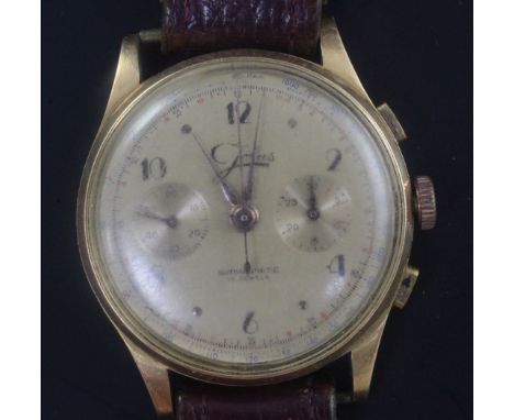 A gentleman's 1940's? Swiss 18ct gold Jolus manual wind chronograph wrist watch, with Arabic and dot numerals and two subsidi