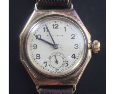 A gentleman's 1930's 9ct gold Rolex Oyster octagonal cased manual wind wrist watch, with Arabic dial and subsidiary seconds, 