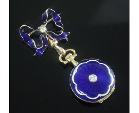 An early 20th century 18ct gold, blue enamel and diamond set keyless dress fob watch, retailed by J. Edwards, Harrowgate, wit