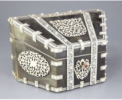 A 19th century Vizagapatam horn and engraved ivory stationery casket, with floral decoration and original key, width 10in. he