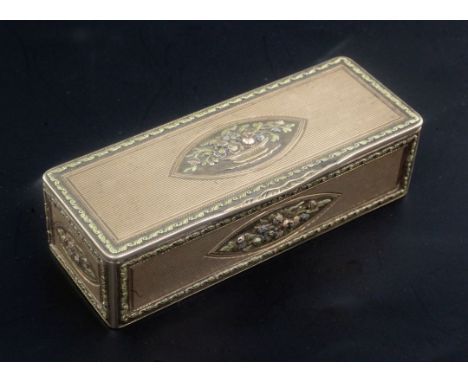 An early 19th century French three colour gold rectangular snuff box, each finely reeded panel with central foliate motif in 