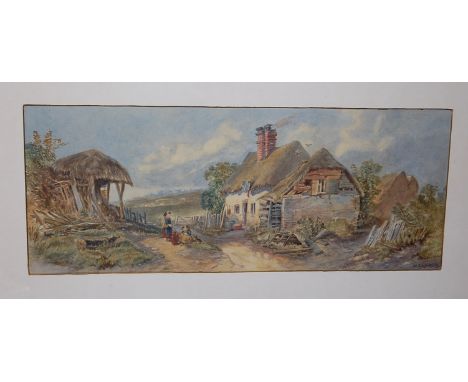H Shipstone - Children playing before a thatched cottage, watercolour, 20 x 50cm; and one other by the artist (2)