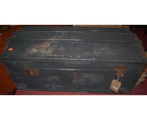 A stained pine and metal bound domed hinge-top travelling trunk, w.90cm 