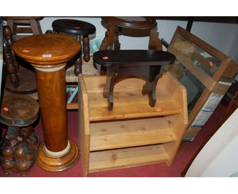 Assorted occasional furniture, to include; teak pedestal elephant carving, stools, made-up cabinet, pine shelf etc 