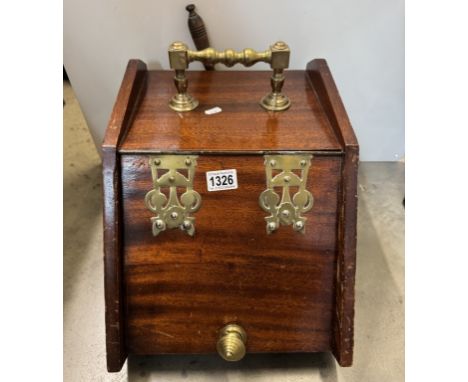 A wooden coal scuttle with brass trimmings &amp; trowel. (Door knob loose)