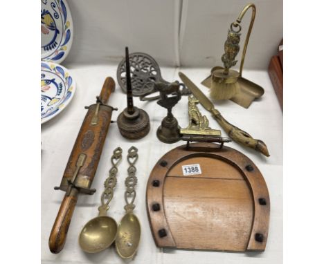 A quantity of miscellaneous brass etc. including horse bell, Alsatian wolf dog, door knocker, oak crumb tray &amp; Indian car