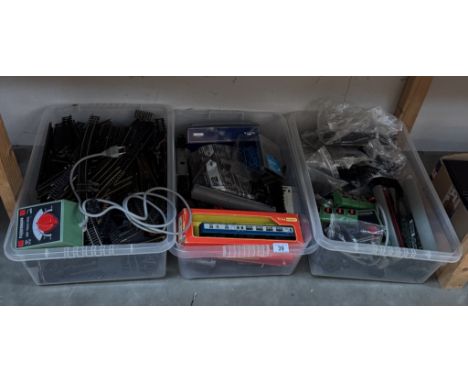 3 Boxes of track etc including Fleishmann power supplies, Triang Hornby coaches, Hornby Dublo 20738 engine &amp; tender