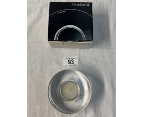 A boxed Orrefors (Sweden) glass candle holder dated 1850 - 2000 with Galleon Motif