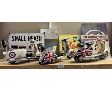 3 large pressed steel models of Lambretta/Vespa Mod scooters. Length 33cm