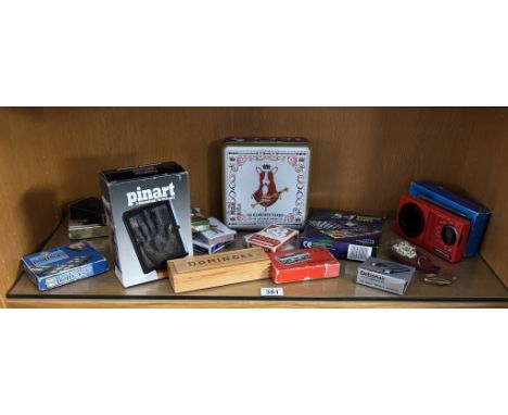 A selection of vintage playing cards/games etc. including dominoes, boxed folding opera glasses &amp; international transisto