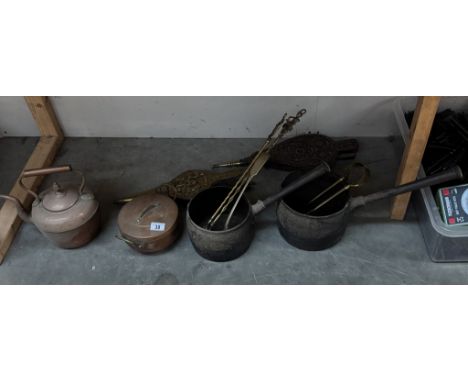 2 Victorian cast iron saucepans, copper kettle, brass bellows &amp; an Air Ministry AM silver plate serving ladle