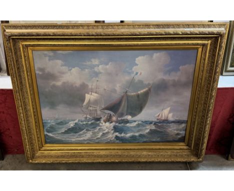 A large gilt framed print of a seascape. COLLECT ONLY. Frame 118x88cmImage 90x60cm