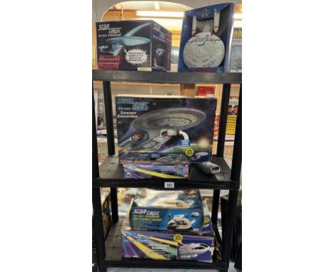 2 boxed StarTrek Next Generation collectors edition spaceship toys, Enterprise alarm clock &amp; bubble bath bottle plus a bo