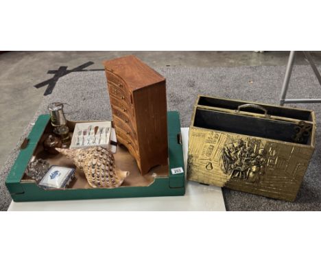 A mixed lot including a jewellery box, candle snuffer, Shelly small miners lamp etc